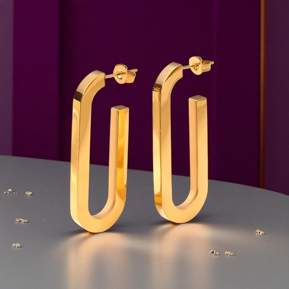 🆕 Sleek 18K Gold Plated Stainless Steel Modern U-Shape Statement Earrings - Picture 8 of 11